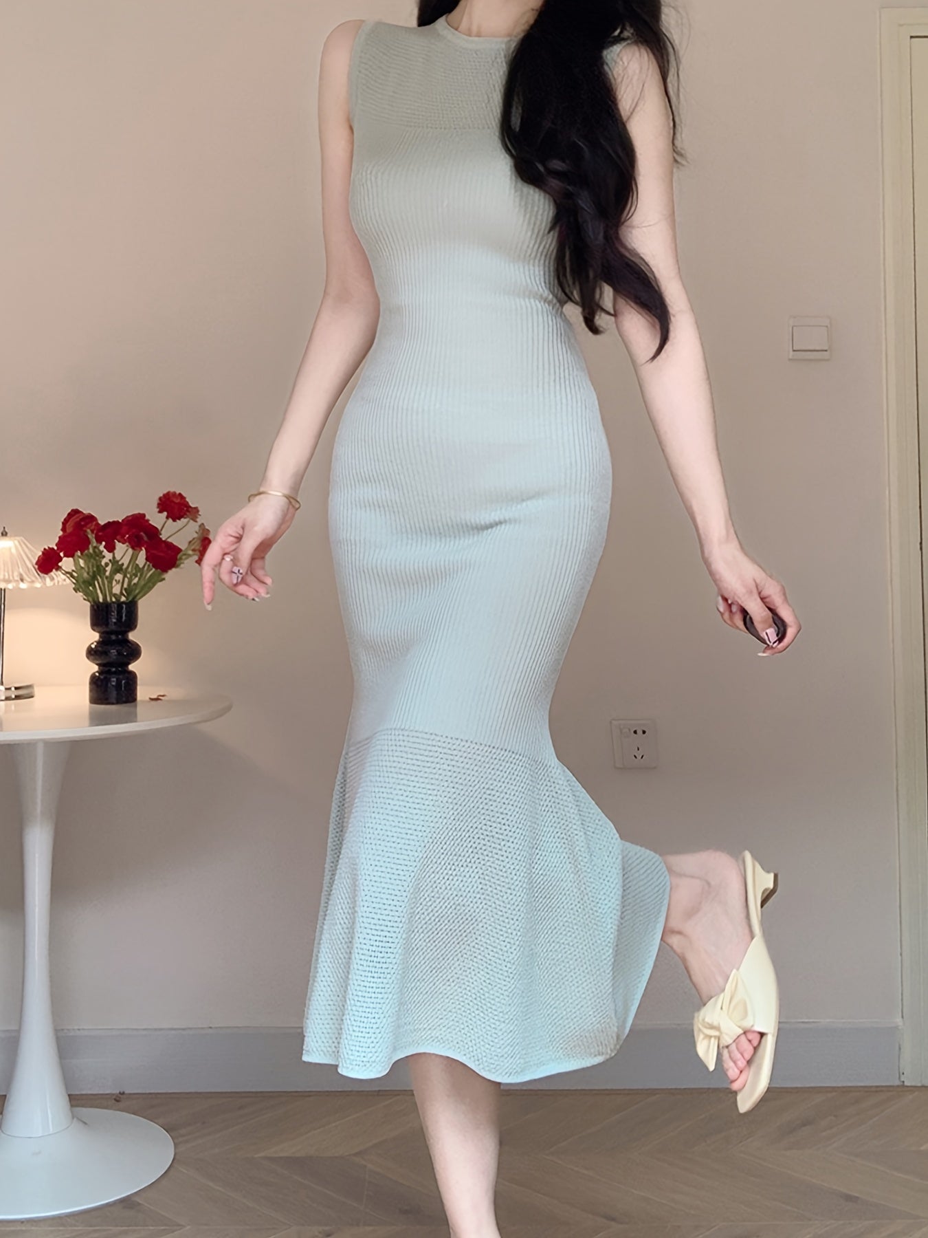 Solid Mermaid Hem Pointelle Detail Dress, Elegant Sleeveless Crew Neck Dress, Women's Clothing