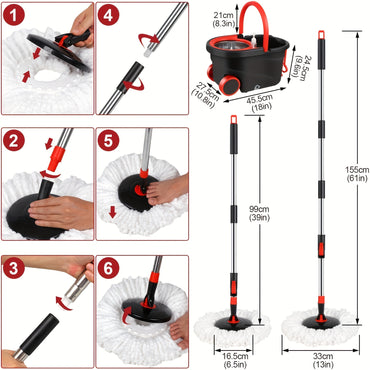 Spin Mop and Bucket with Wringer Set on Wheels, 360° Spinning Mop Bucket System with 3 Microfiber Mop Replacement Heads - Veloxea
