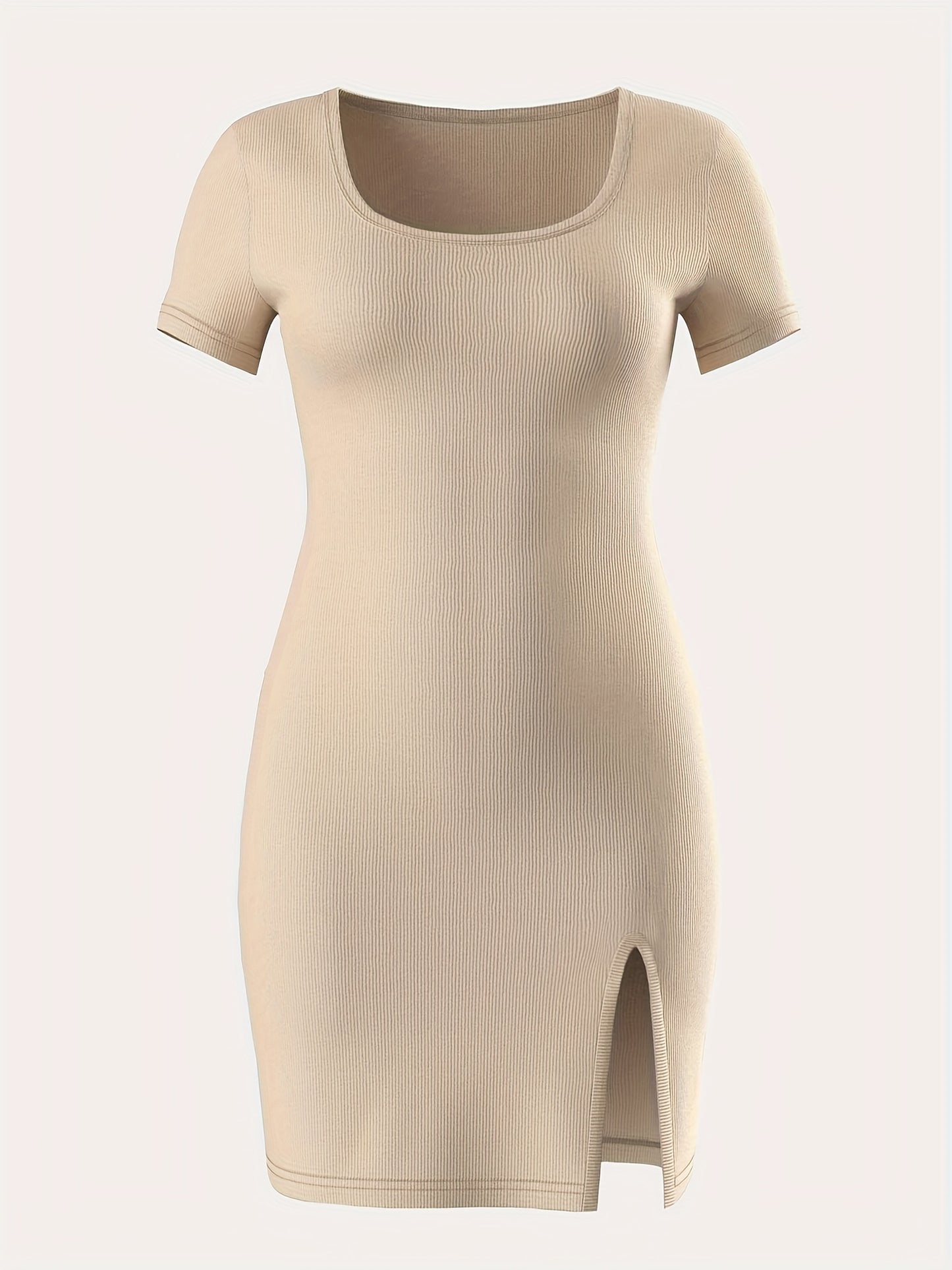 Bodycon Square Neck Dress, Casual Solid Color Short Sleeve Split Hem Dress For Spring & Summer, Women's Clothing