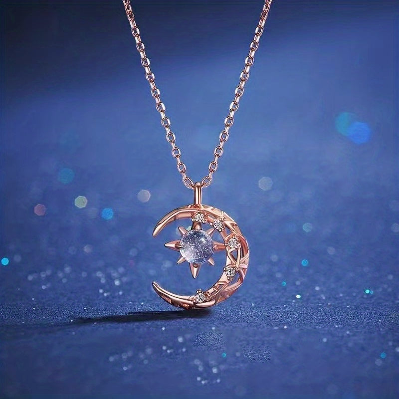 Moon Star Pendant Necklace Inlaid Shiny Moonstone Dainty Clavicle Chain For Women - Veloxea