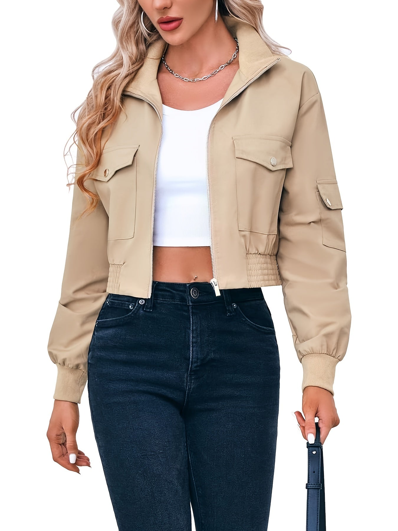 Solid Color Zipper Front Jacket, Casual Lapel Neck Flap Pockets Long Sleeve Button Decor Jacket For Spring & Fall, Women's Clothing
