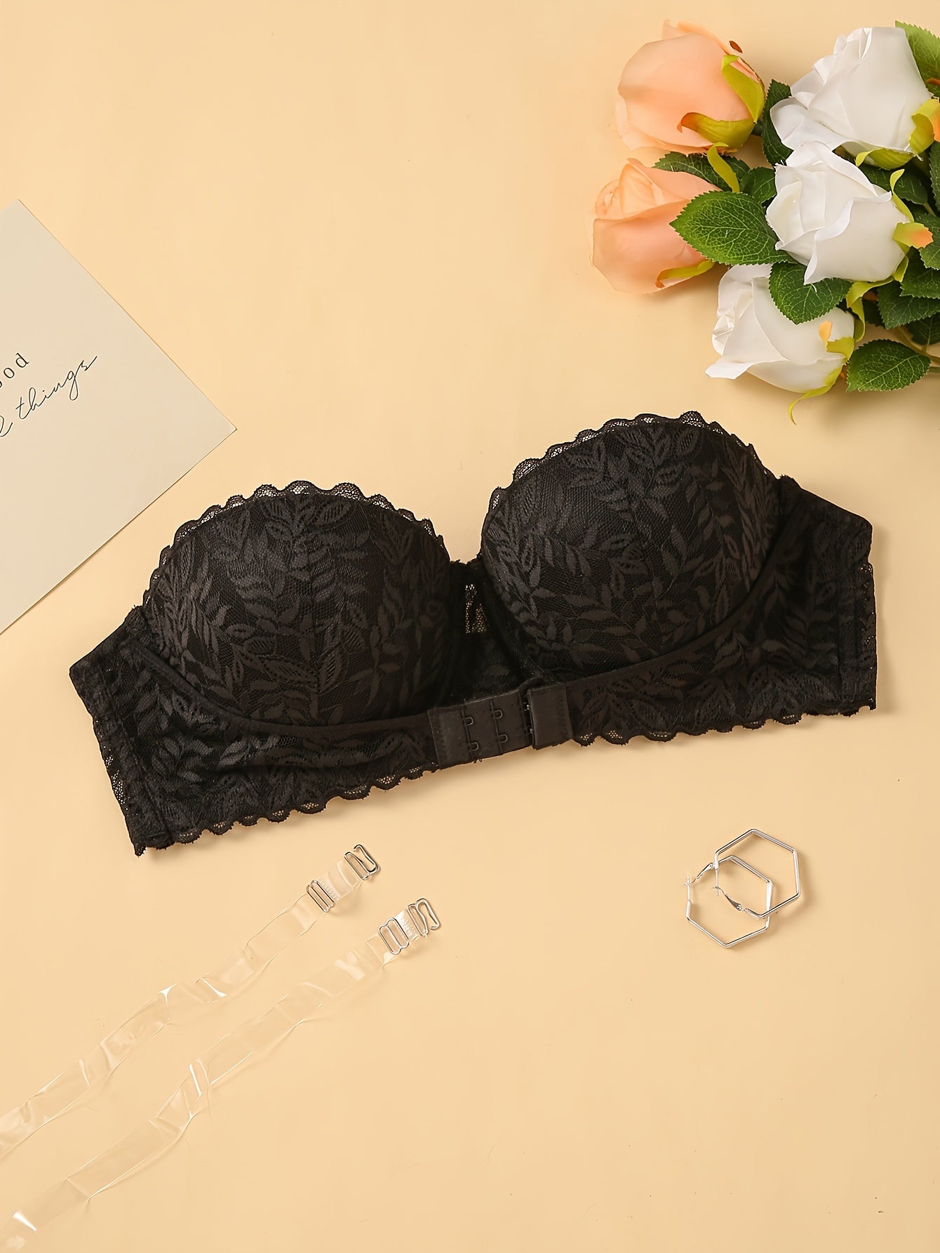 Solid Seamless Strapless Floral Lace Strapless Front Closure Underwire Bandeau, Sexy Comfy Push Up Bra, Women's Lingerie & Underwear - Veloxea