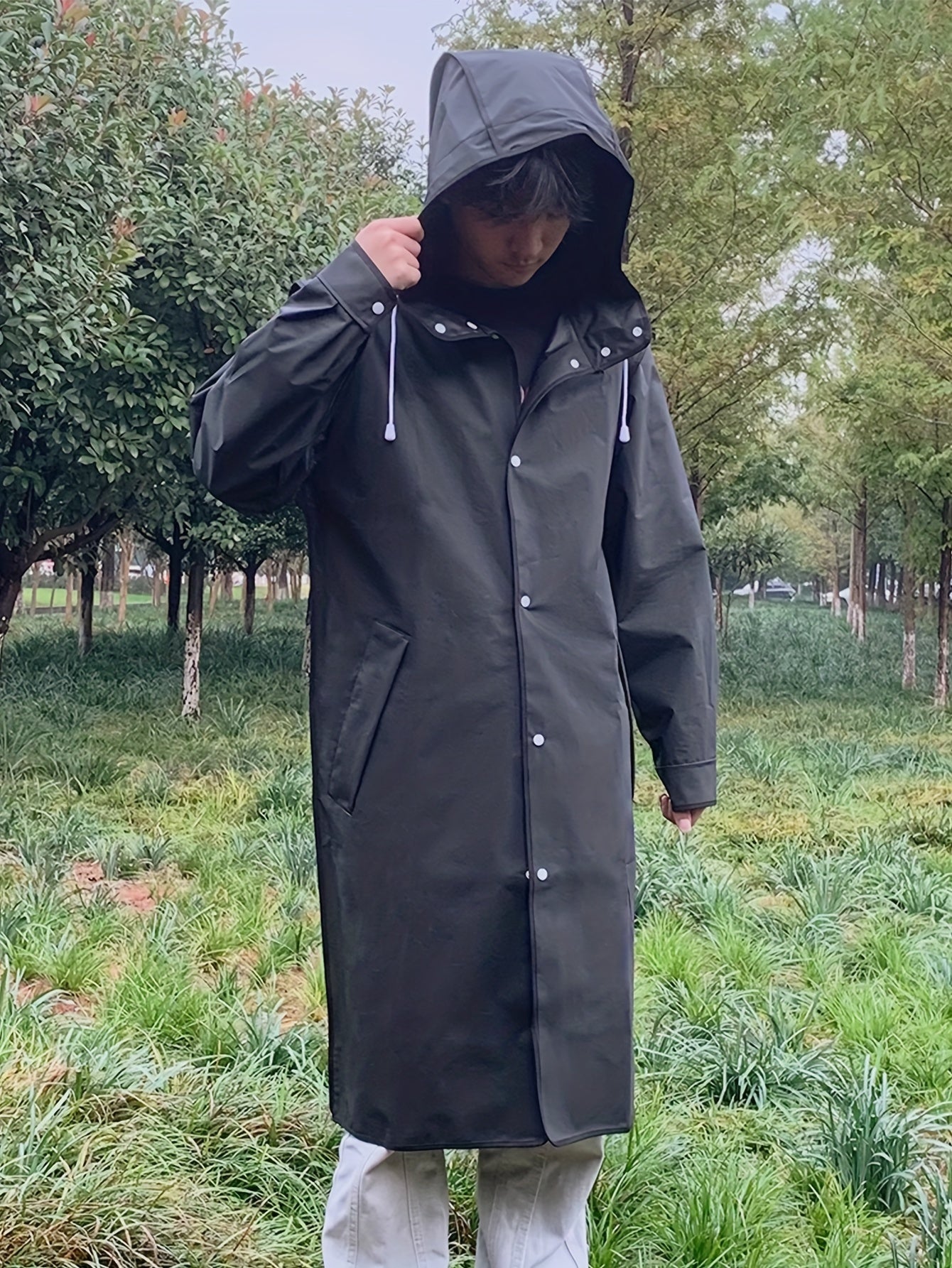 Unisex Hooded Raincoat, Casual Button Up Rain Poncho For Outdoor Raining Days - Veloxea
