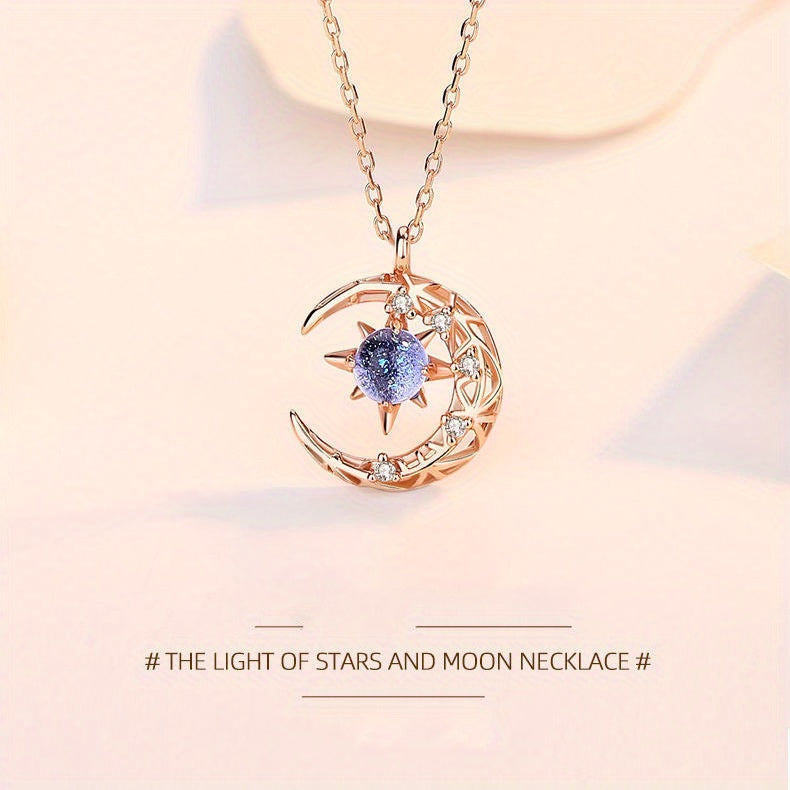 Moon Star Pendant Necklace Inlaid Shiny Moonstone Dainty Clavicle Chain For Women - Veloxea