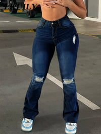 High Rise Ripped Knees Wide Legs Flare Jeans, Slim Fit High Waist Washed Black Denim Pants, Women's Denim Jeans & Clothing