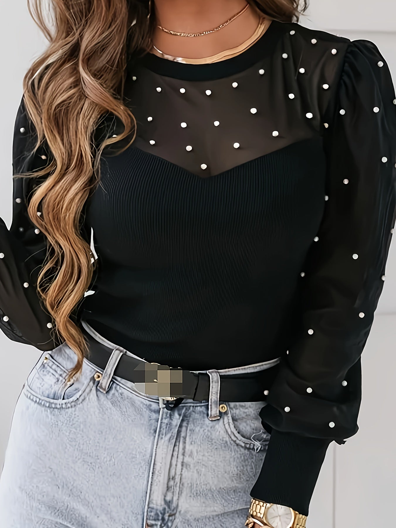 Illusion Neckline Beaded T-Shirt, Stylish Puff Sleeve Top For Spring & Fall, Women's Clothing - Veloxea