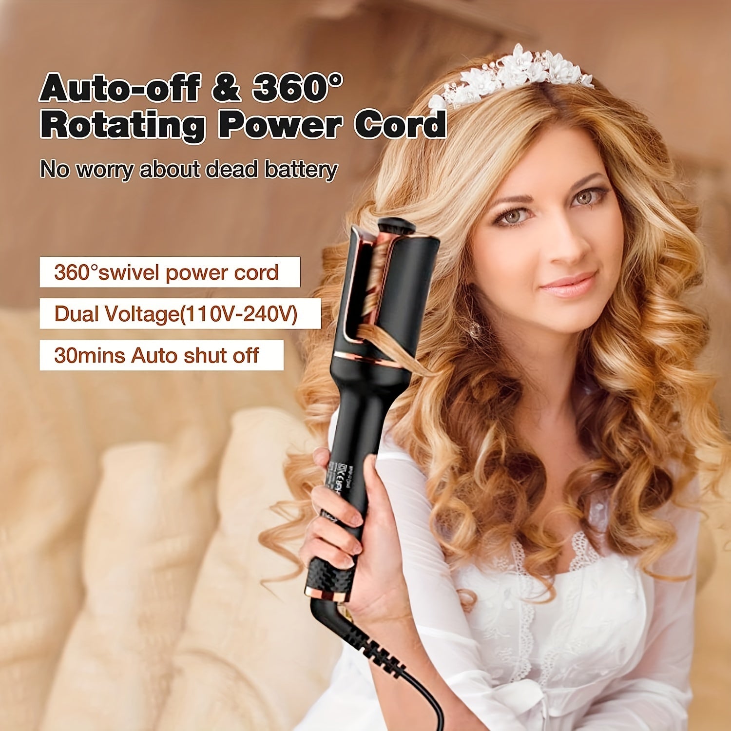 Automatic Hair Curler, Ceramic Ionic Barrel Automatic Hair Curling Iron, Auto Curling Wand With 1" Large Rotating Barrel & 4 Temps & 3 Timer Settings, Dual Voltage Spin Iron For Hair Styling (Upgrade) - Veloxea