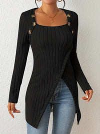 Button Decor Asymmetrical Hem T-Shirt, Casual Ribbed Long Sleeve Top For Spring & Fall, Women's Clothing - Veloxea
