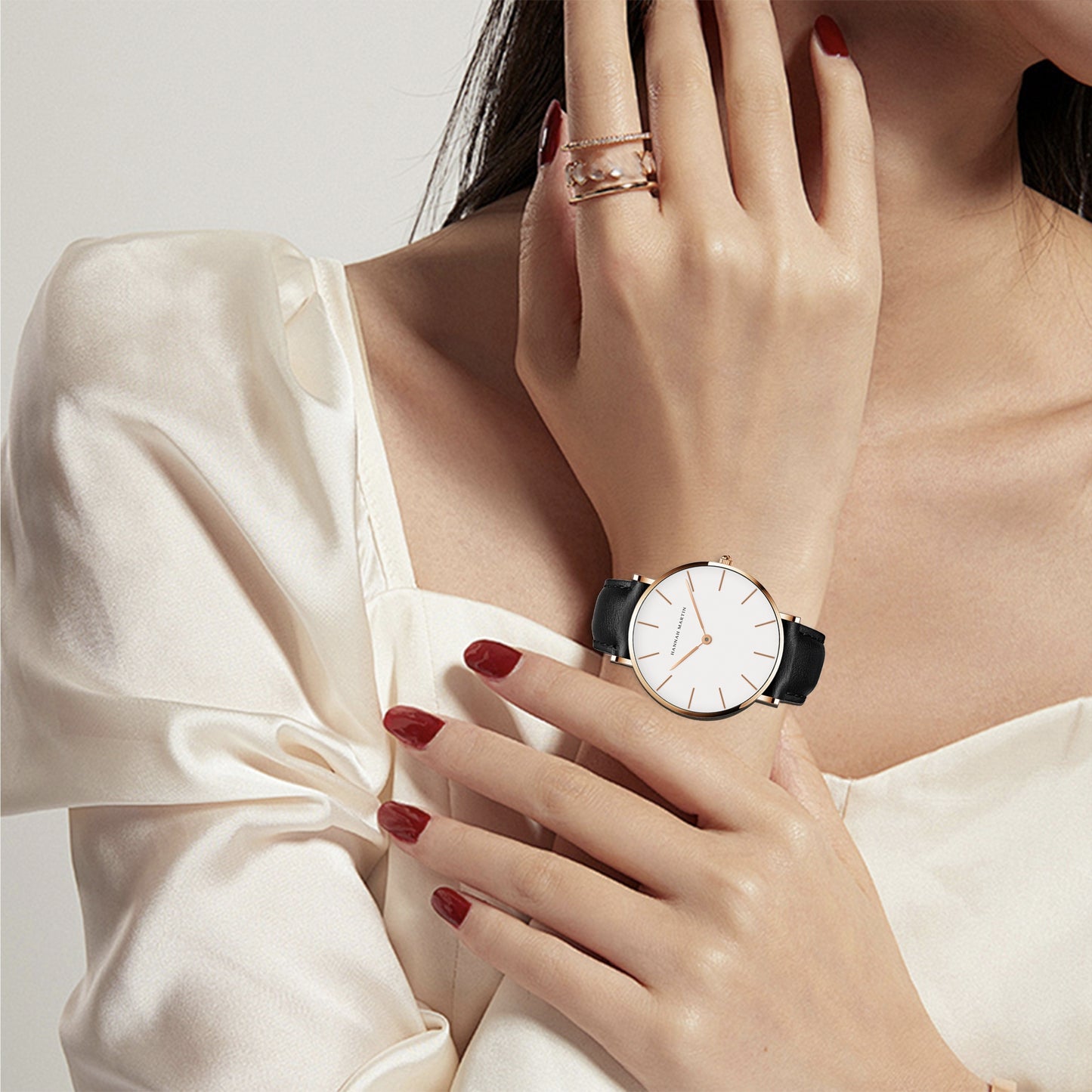 Hannah Martin Japanese Movement Quartz Watch Casual Round Pointer Analog PU Leather Wrist Watch