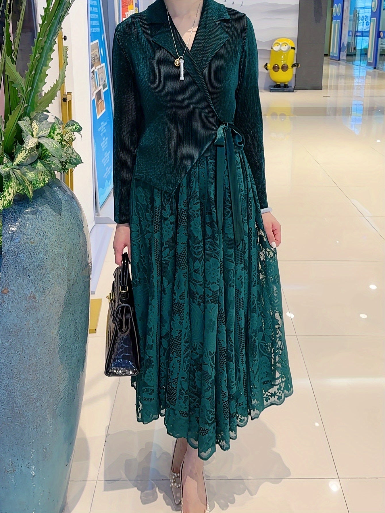 Elegant Plus Size Lace Contrast Midi Dress with Lapel Collar and Long Sleeves - High Stretch Polyester Fabric, Flared Hem