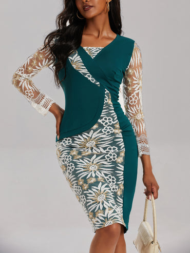 3/4 Sleeve V Neck Dress, Elegant Bodycon Slim Waist Midi Dress, Women's Clothing