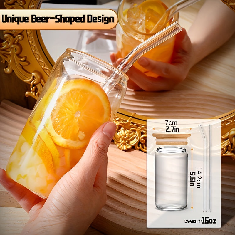 4Pcs Drinking Glasses with Bamboo Lids and Glass Straw - 16 Oz Can Shaped Glass Cups for Beer, Ice Coffee, Cute Tumbler Cup Great for Soda Boba Tea Cocktail Include 2 Cleaning Brushes - Veloxea