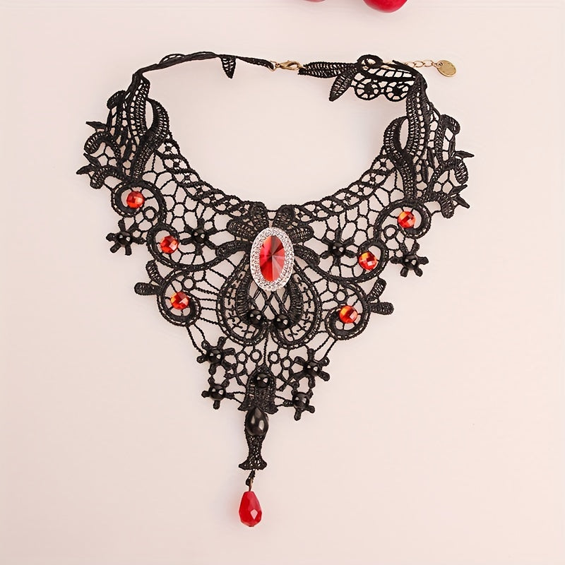 Black Clavicle Chain Vintage Gothic Lace Necklace Female Red Crystal Tassel Halloween Holiday Dress Up Accessories Gift - Veloxea