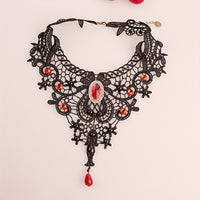 Black Clavicle Chain Vintage Gothic Lace Necklace Female Red Crystal Tassel Halloween Holiday Dress Up Accessories Gift - Veloxea