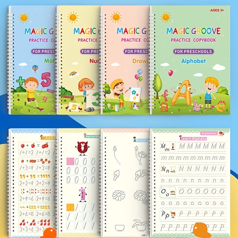 4pcs/Pack Large Reusable Handwriting Practice Copybook Comfy Tracing Sight Words Grooves Magic Practice Workbook Set (4 Books + 1 Pen + 5 Refills + 1 Pen Grip) halloween christmas gift - Veloxea