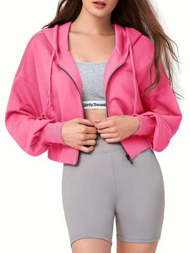 Women's Zip Up Cropped Hoodies Long Sleeve Sweatshirts Drawstring Casual Loose Hooded Hoodie Jackets