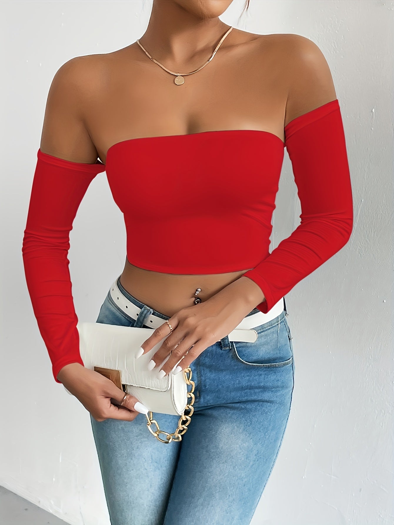 Solid Color Off-shoulder Crop Top, Sexy Long Sleeve Slim Top, Women's Clothing - Veloxea
