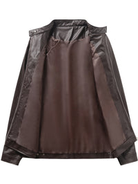 2023 Autumn And Winter New Zipper Cardigan Pocket PU Leather Small Stand Collar MotorcycleJacket Coat Men's Coat - Veloxea