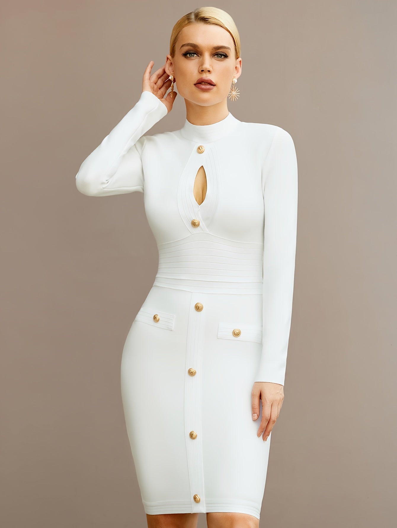 Mock Neck Cut Out Button Bandage Dress, Elegant Long Sleeve Slim Bodycon Dress For Spring & Fall, Women's Clothing