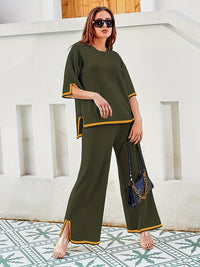Contrast Trim Casual Two-piece Set, Short Sleeve Crew Neck Top & Elastic Waist Pants Outfits, Women's Clothing