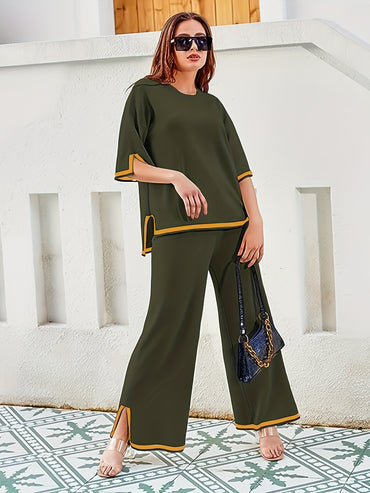 Contrast Trim Casual Two-piece Set, Short Sleeve Crew Neck Top & Elastic Waist Pants Outfits, Women's Clothing