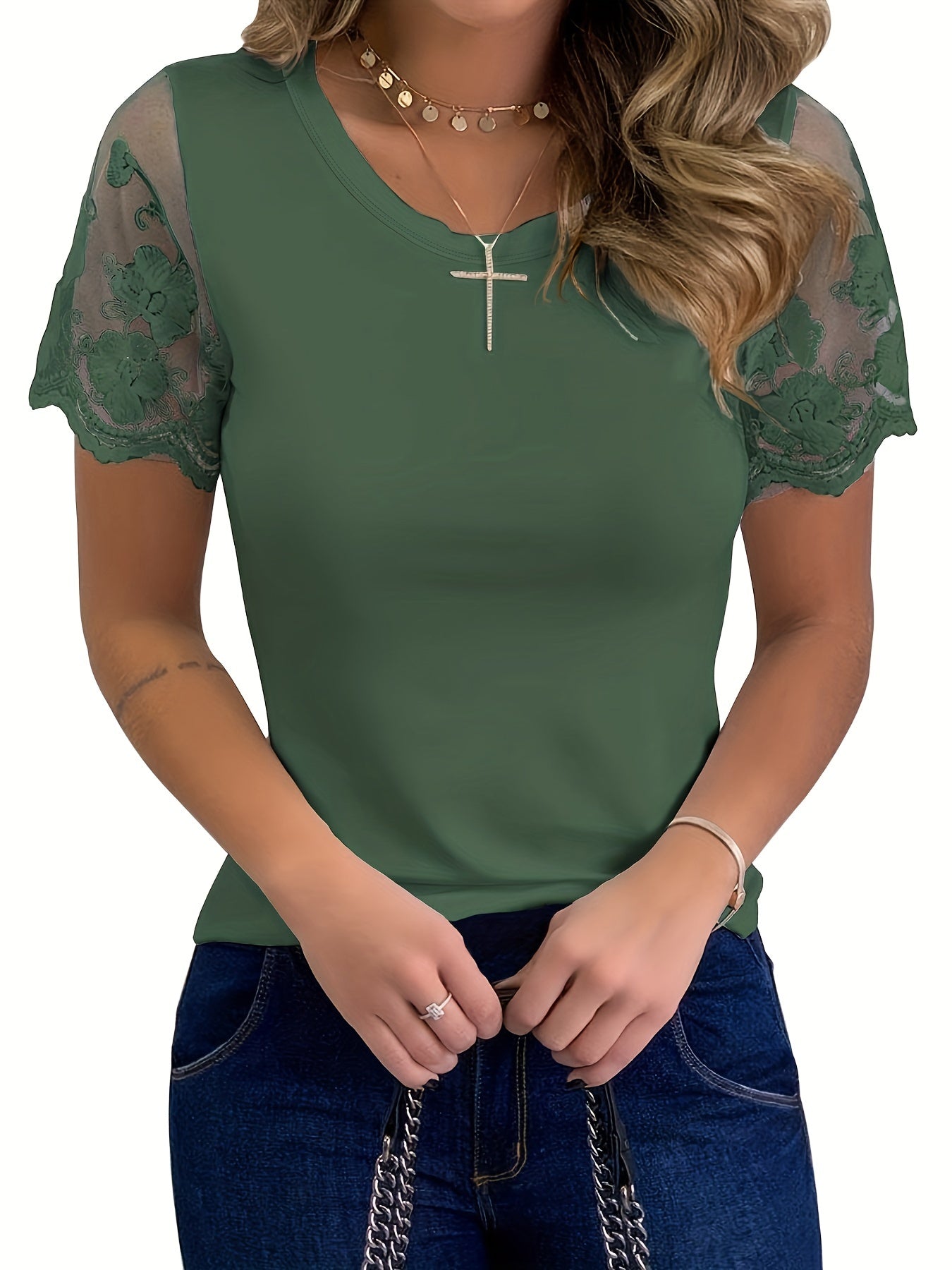 Women's T-Shirt Elegant Lace Short Sleeve Cut Out Crew Neck Loose Casual Summer T-Shirt