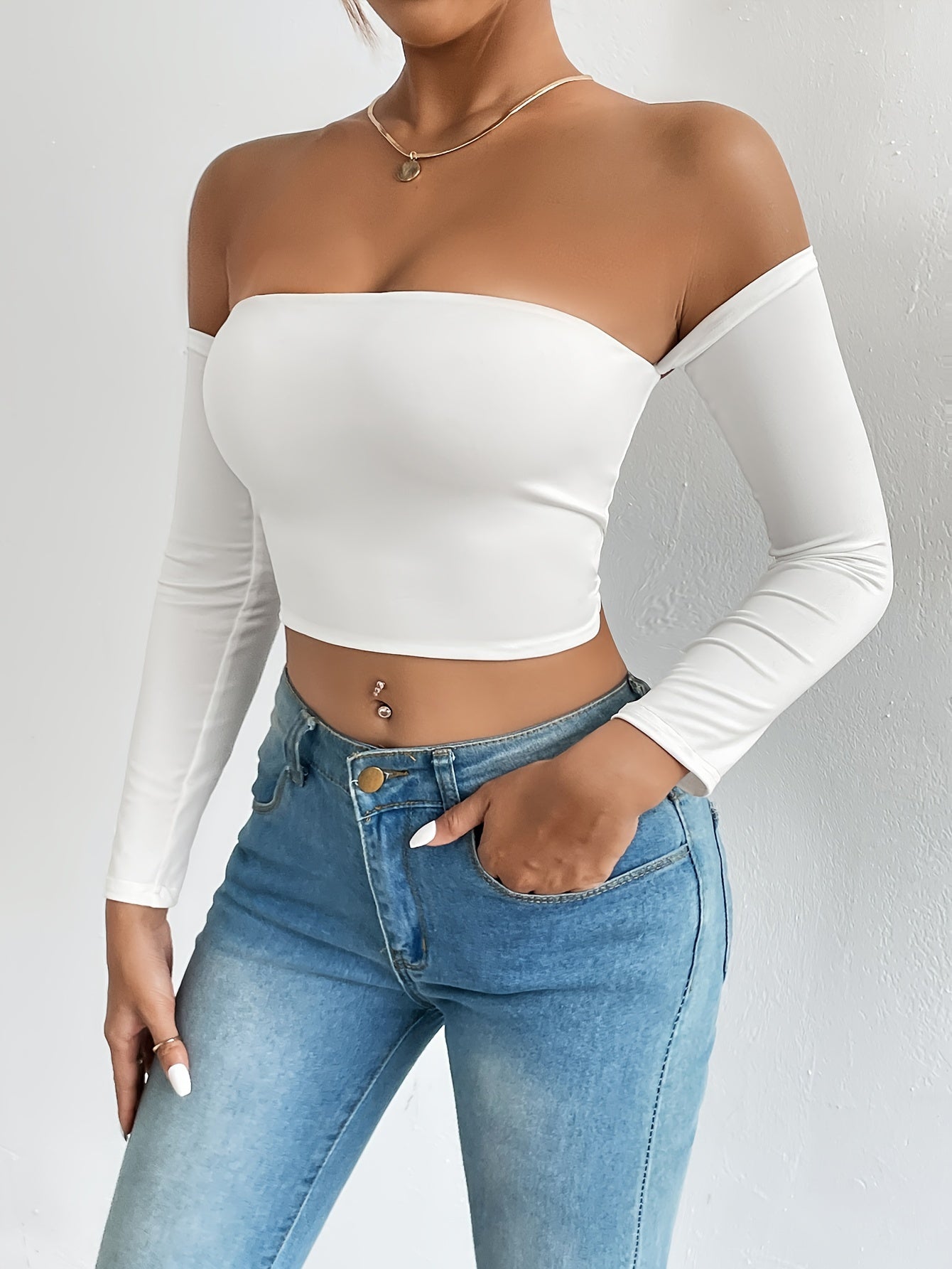 Solid Color Off-shoulder Crop Top, Sexy Long Sleeve Slim Top, Women's Clothing - Veloxea