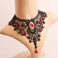 Black Clavicle Chain Vintage Gothic Lace Necklace Female Red Crystal Tassel Halloween Holiday Dress Up Accessories Gift - Veloxea