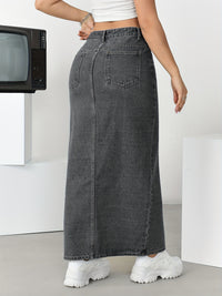 Women's High-Waisted Split Denim Skirt, Sexy Long Plain Maxi Jean Skirt With Side Slit, Vintage Style Fashion, Casual Streetwear - Veloxea