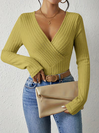 Solid Rib Knit Sweater, Casual V Neck Long Sleeve Slim Sweater, Women's Clothing - Veloxea