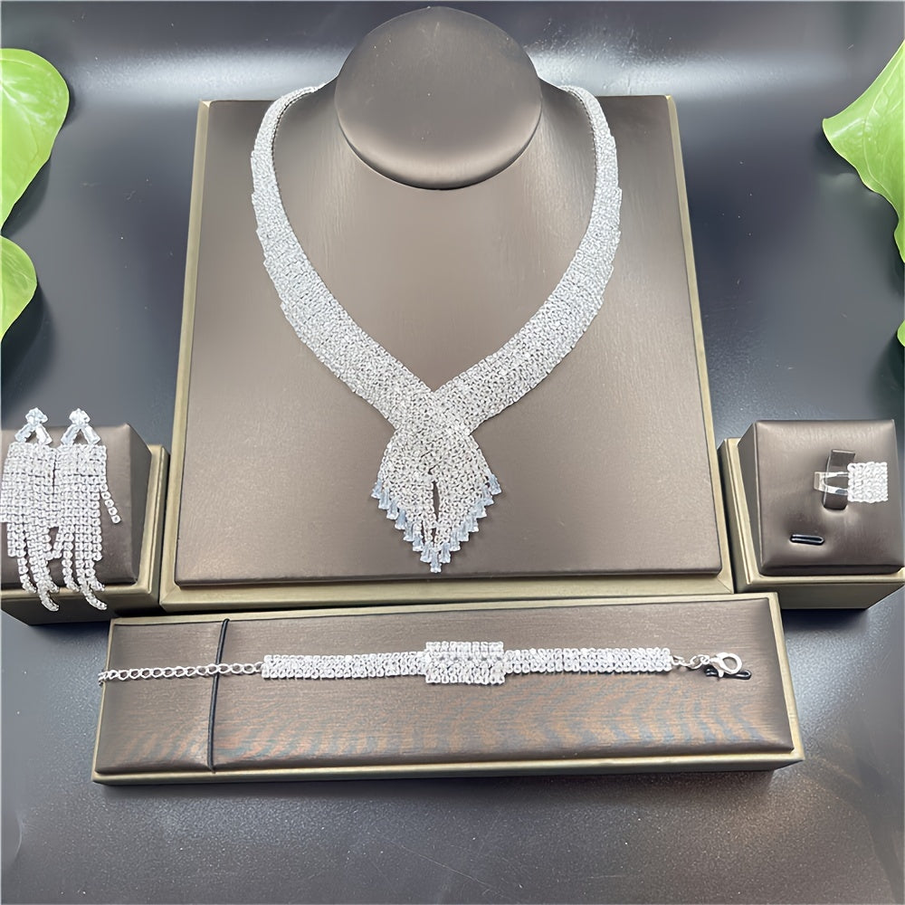 Sparkling Jewelry Set Artificial Crystal Rhinestone Decor Full Rhinestone Necklace Bracelet Ring And Earrings Set Party Banquet Bridal Wedding Jewelry Set Gifts For Eid - Veloxea