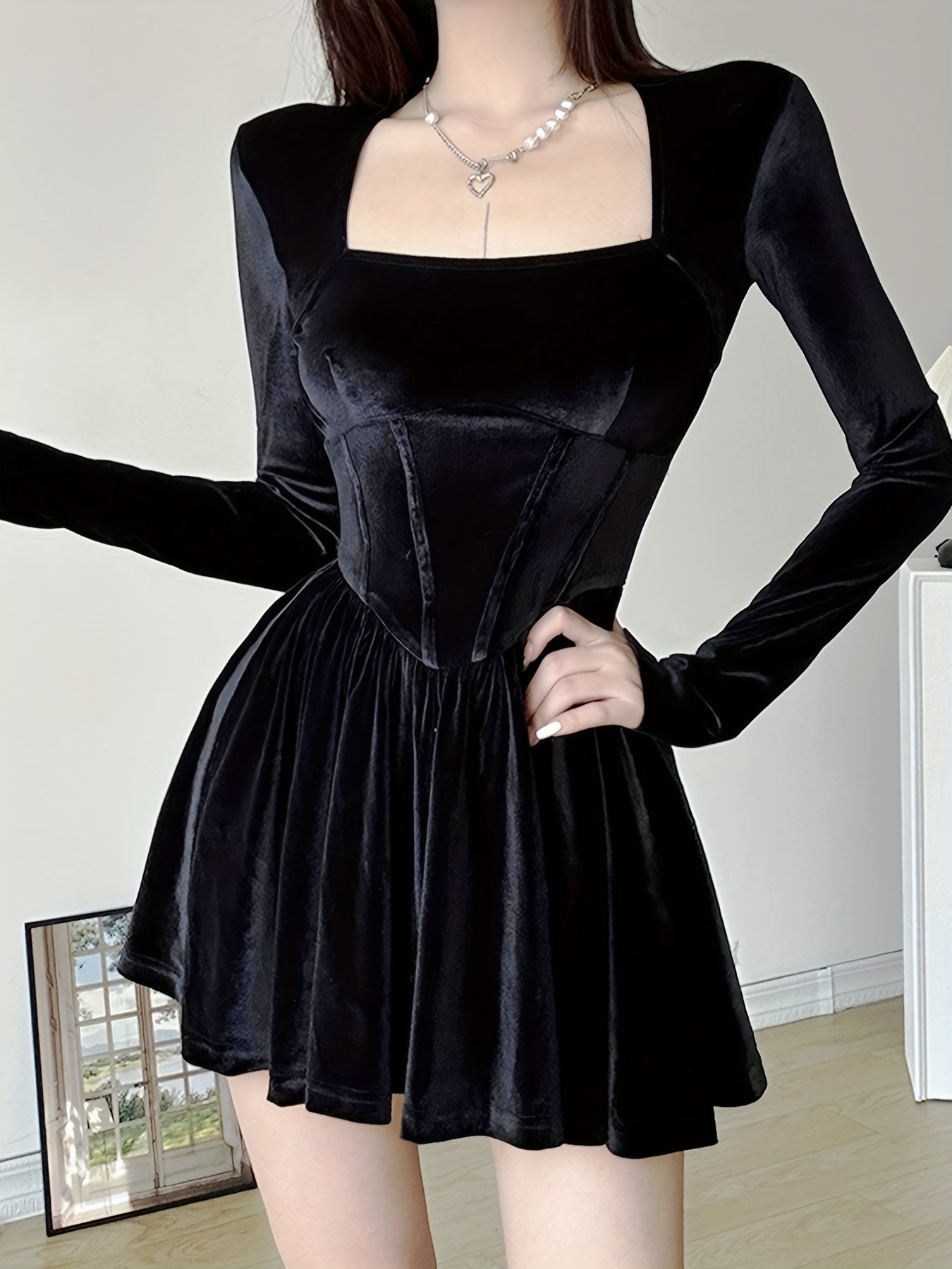 Square Neck Ruffle Hem Slim Dress, Elegant Long Sleeve Aline Dress For Spring & Fall, Women's Clothing