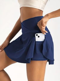 women's high-waist Athletic Skirt Shorts, 2-in-1 Tennis Skort with Pockets, Cross-Waist yoga gym running Sports Skirt, Quick-Dry Fitness Activewear - Veloxea