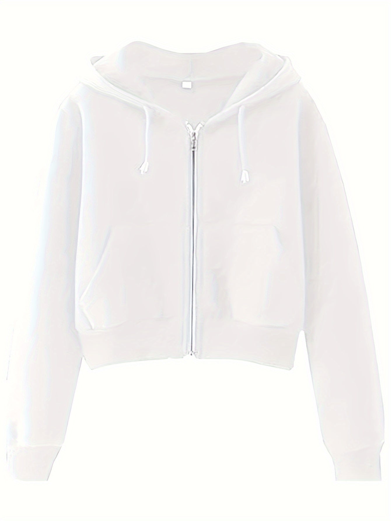 Solid Color Zip Up Drawstring Hoodie, Casual Long Sleeve Crop Outwear With Pocket, Women's Clothing