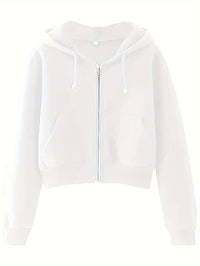 Solid Color Zip Up Drawstring Hoodie, Casual Long Sleeve Crop Outwear With Pocket, Women's Clothing