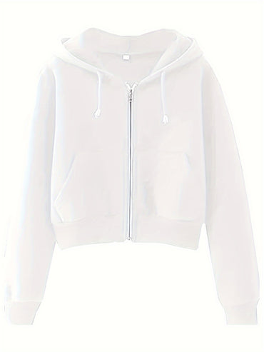 Solid Color Zip Up Drawstring Hoodie, Casual Long Sleeve Crop Outwear With Pocket, Women's Clothing