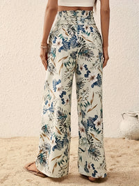 Floral Print Wide Leg Pants, Casual Loose Button Shirred Pants For Spring & Summer, Women's Clothing