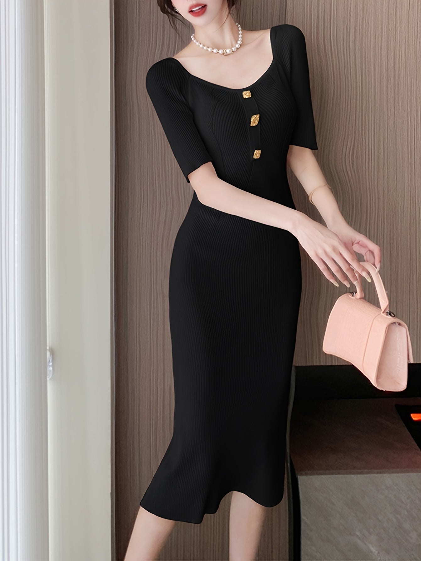 Button Detail Bodycon Knitted Dress, Elegant Short Sleeve Dress For Spring & Summer, Women's Clothing