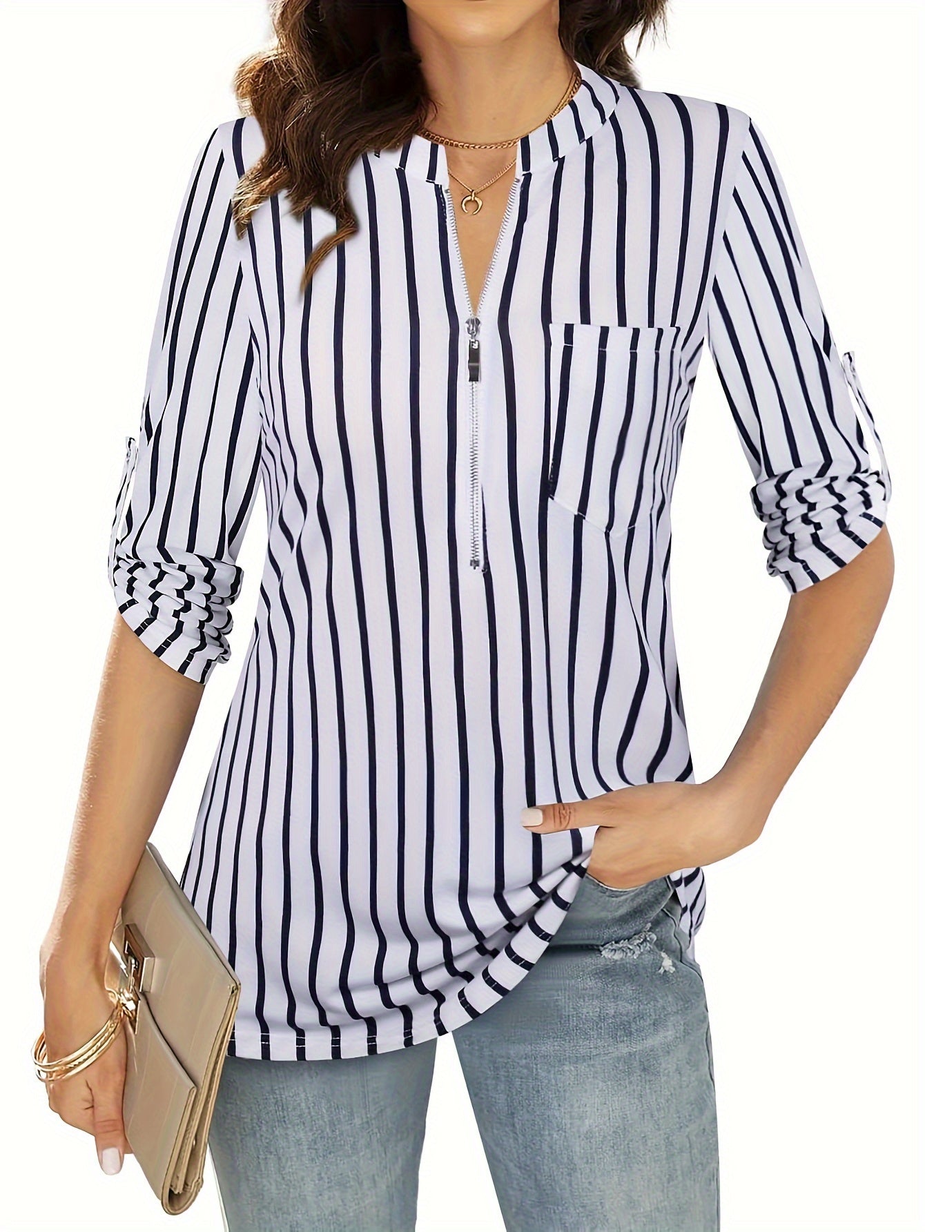 Striped Print Zip Front Blouse, Casual Long Sleeve Top For Spring, Women's Clothing - Veloxea