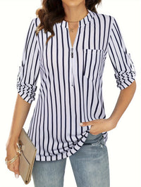 Striped Print Zip Front Blouse, Casual Long Sleeve Top For Spring, Women's Clothing - Veloxea