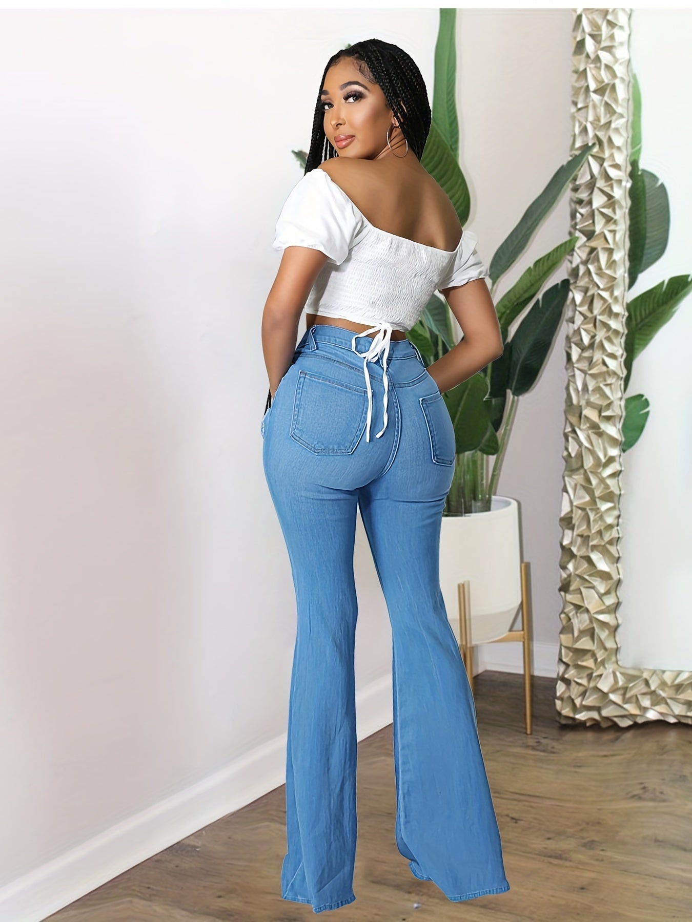 High Rise Ripped Knees Wide Legs Flare Jeans, Slim Fit High Waist Washed Black Denim Pants, Women's Denim Jeans & Clothing