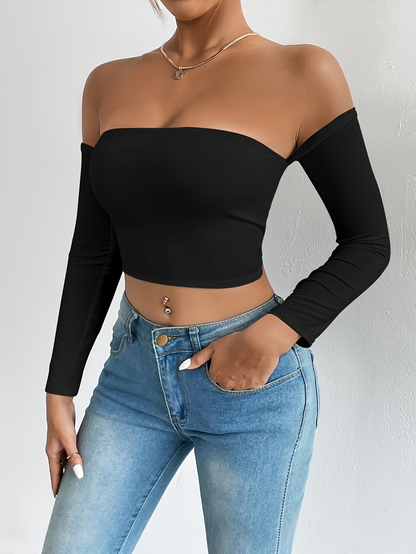 Solid Color Off-shoulder Crop Top, Sexy Long Sleeve Slim Top, Women's Clothing - Veloxea
