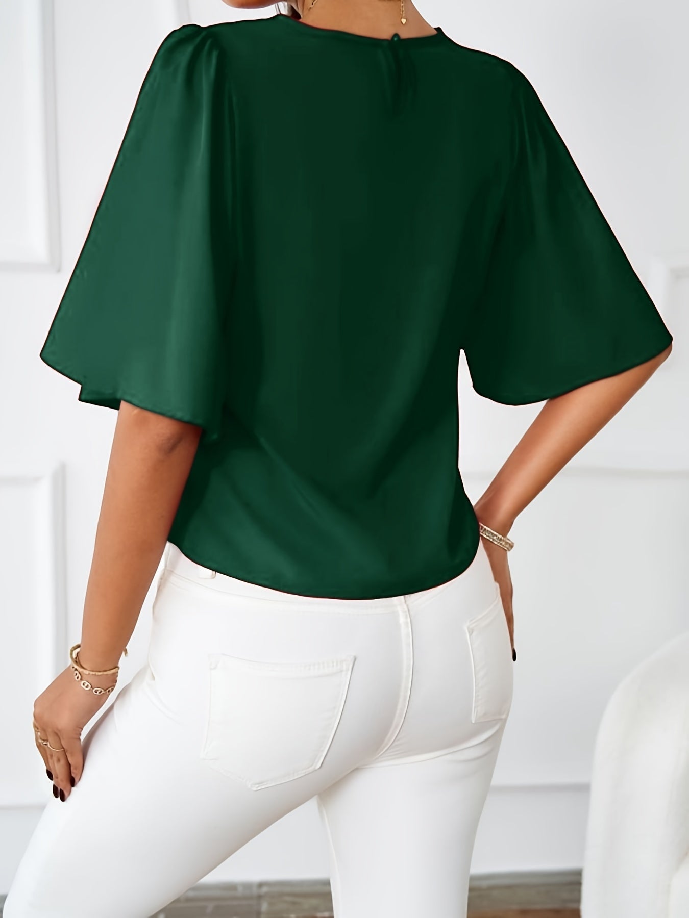 Solid Crew Neck Blouse, Elegant Ruffle Sleeve Blouse, Women's Clothing - Veloxea