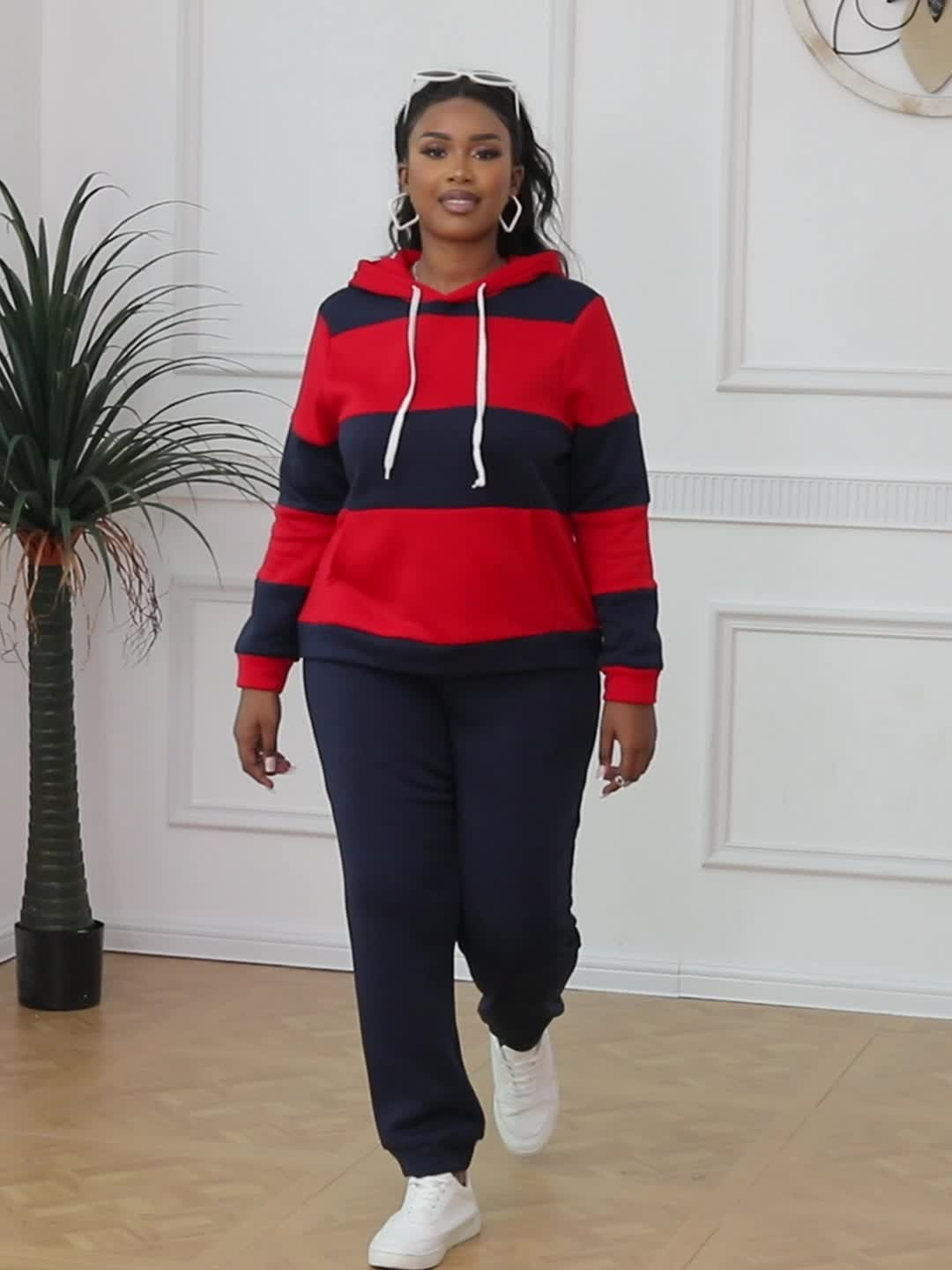 Plus Size Casual Outfits Two Piece Set, Women's Plus Colorblock Stripe Print Long Sleeve Drawstring Hoodie Sweatshirt & Joggers Outfits 2 Piece Set