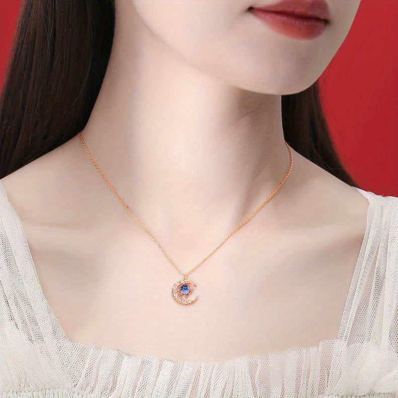 Moon Star Pendant Necklace Inlaid Shiny Moonstone Dainty Clavicle Chain For Women - Veloxea