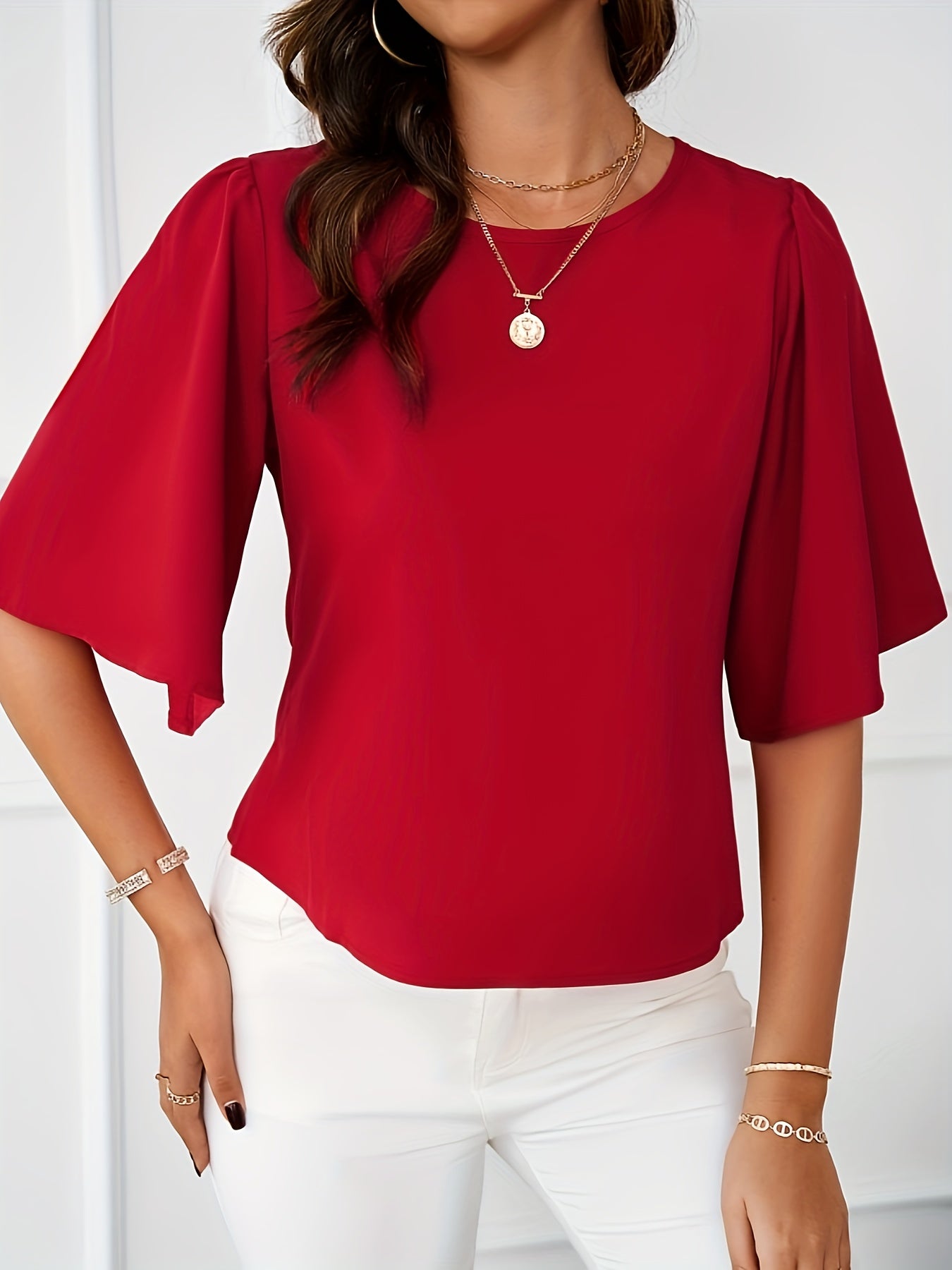 Solid Crew Neck Blouse, Elegant Ruffle Sleeve Blouse, Women's Clothing - Veloxea