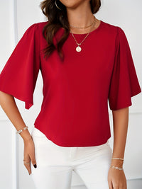 Solid Crew Neck Blouse, Elegant Ruffle Sleeve Blouse, Women's Clothing - Veloxea