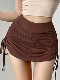 Women's Casual Athletic Skirt, Slim Fit, Ruched Drawstring Detail, Mid-Rise, Solid Color, Semi-Transparent, Soft Knit Fabric - Veloxea