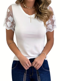 Women's T-Shirt Elegant Lace Short Sleeve Cut Out Crew Neck Loose Casual Summer T-Shirt