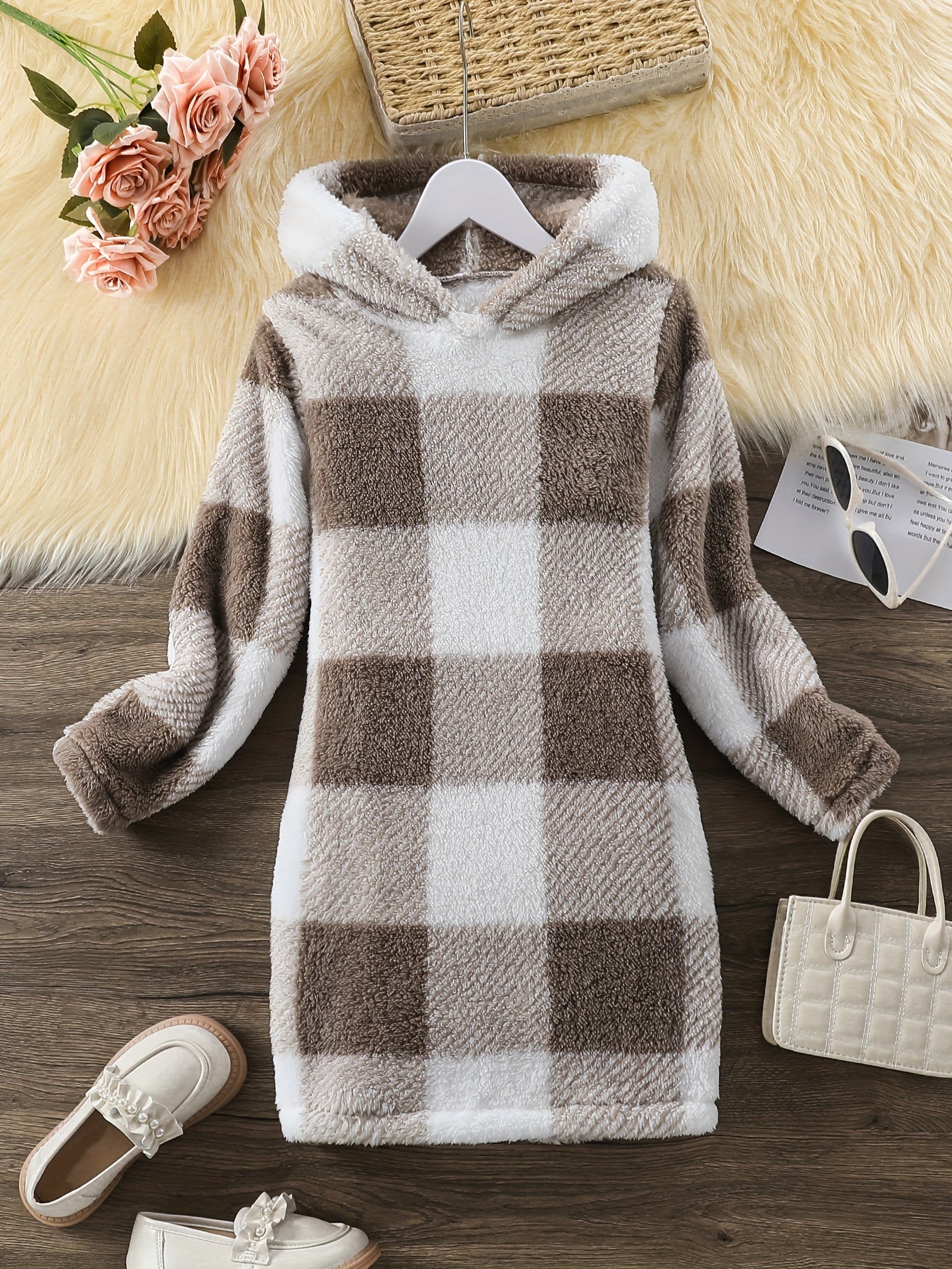 Plaid Long Sleeve Hooded Dress Girls Comfy Dress Fall Winter Christmas Gift - Veloxea